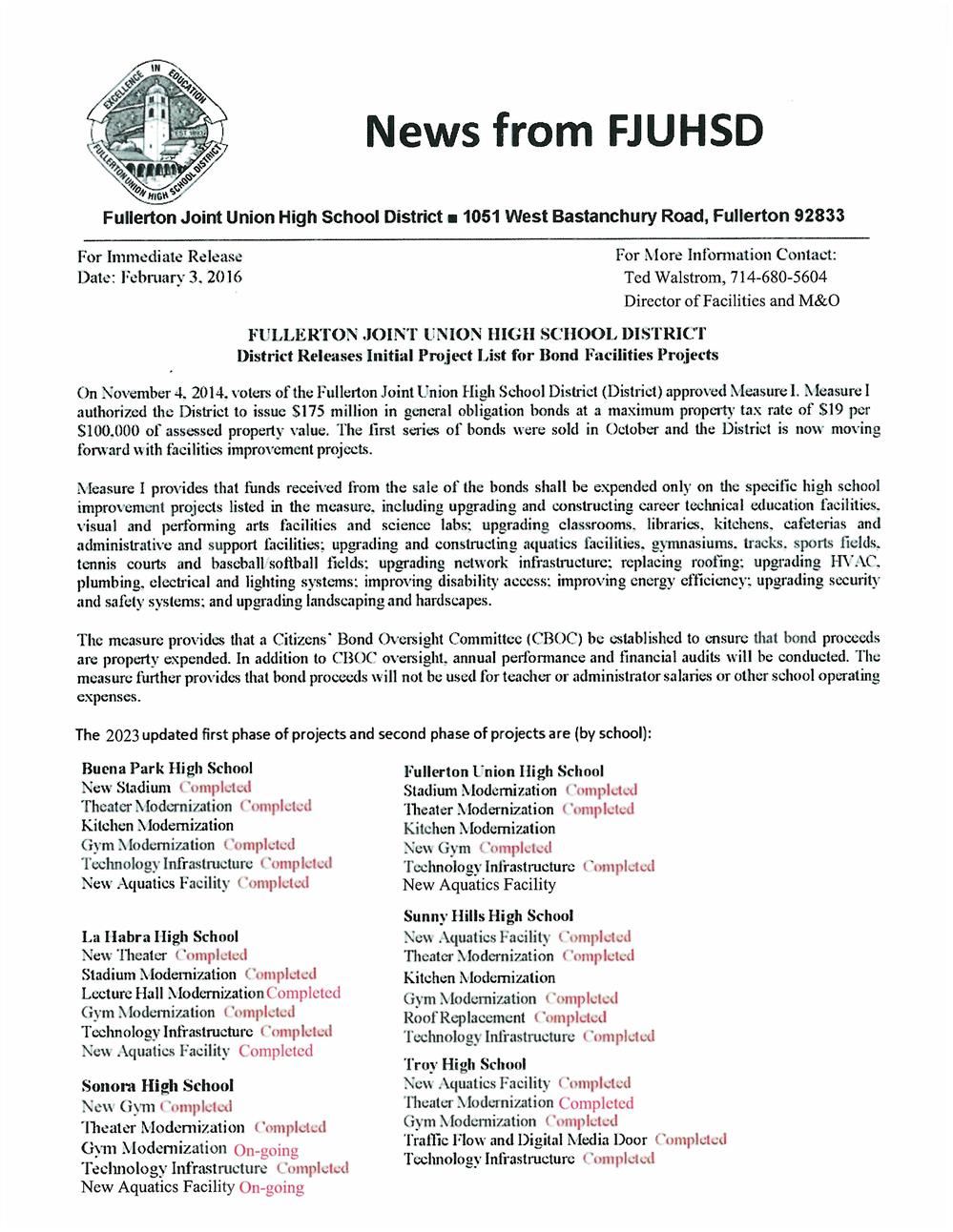Initial Project List for Bond Facilities Projects